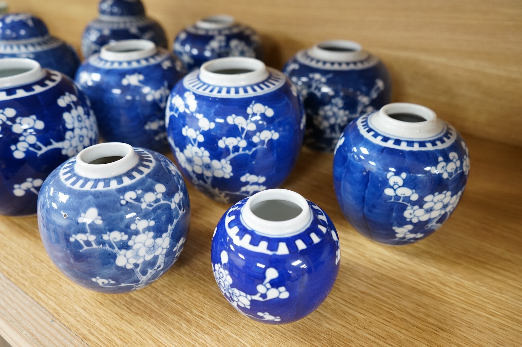 Eleven Chinese blue and white prunus jars and two covers, late 19th/20th century, tallest jar and cover 15cm high.